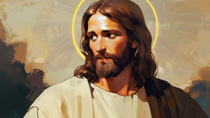 Canvas Print - close-up art portrait of Jesus Christ with serene and divine features, capturing spiritual essence and profound presence, new beautiful stock image illustration AI