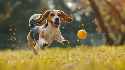 Wall Mural - A dog is running in a field with a yellow ball in its mouth