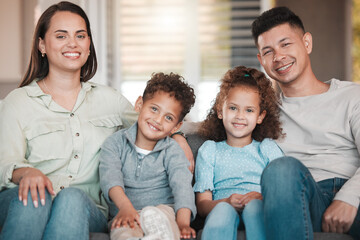 Canvas Print - Parents, kids and hug portrait in family home, trust connection and together for bonding. Mother and father, embrace children and love in Argentina, support and care for relationship security on sofa