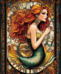 Canvas Print - A vibrant mermaid with flowing red hair, adorned with jewelry, set against a stained-glass backdrop.