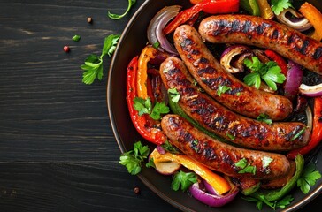 Wall Mural - Grilled Sausages with Peppers and Onions