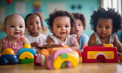 Poster - multicultural daycare center with African American toddler babies. Group of workers with babies in nursery or kindergarten playful.