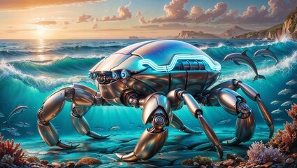 futuristic mechanical robot crab against the backdrop of landscapes of the black sea with the underwater and above-water world