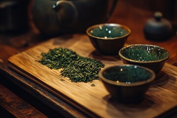 Two piles of green tea leaves on wooden board being prepared for traditional japanese tea ceremony