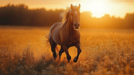 Wall Mural - Horse Running Through Golden Field at Sunset