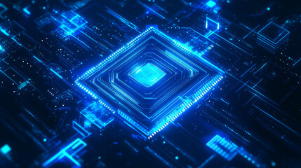 Poster - an ai chip surrounded by two digital recycling arrows, depicted in a low poly wireframe style with n