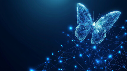 Poster - An abstract butterfly flying over linked digital blocks, symbolizing the metaverse concept. This illustration represents NFT and blockchain technology, rendered in a futuristic low poly wireframe 