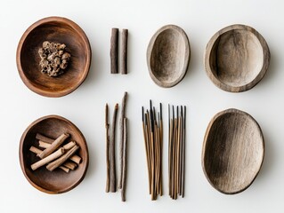 Poster - Wooden Bowls and Sticks on White Background.