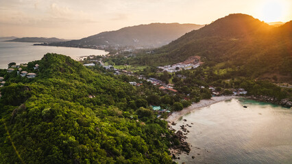 Aerial sunset view of Koh Samui island in the gulf of Thailand famous dreamy travel holiday destination in south east asia 