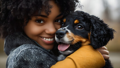 Poster - African American young woman embracing her dog. Pleased happy Afro girl gets lovely puppy, plays and embraces four legged friend with love Woman hugs dog. Humans and pets