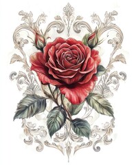 Canvas Print - A beautifully detailed red rose surrounded by ornate floral decorations.