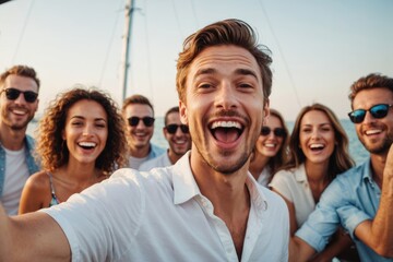 Close portrait of happy young Rich Caucasian Man sticking out tongue while taking selfie during party on yacht