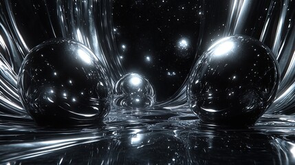 Poster - Abstract representation of cosmic spheres in a dark, reflective space