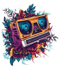 Canvas Print - A vibrant illustration of a retro cassette player surrounded by colorful flowers.