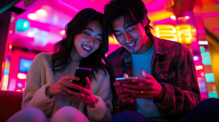 Young couple enjoying time together while using smartphones in a vibrant, neon-lit urban setting during the evening