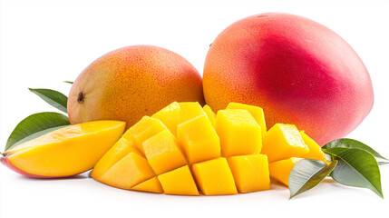 mango fruit with cubes and slices isolated on a white background