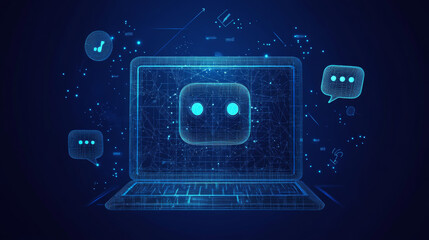 Poster - Abstract logo of a chatbot displayed on a laptop screen, accompanied by speech bubbles, question marks, and quote icons. Represents a digital chatting artificial intelligence concept on a technology.