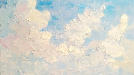 Wall Mural - A textured oil painting showcasing a sky with fluffy clouds, pastel colors, and thick impasto, blending vintage style with modern tones.