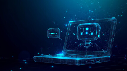 Poster - Abstract logo of a chatbot displayed on a laptop screen, accompanied by speech bubbles, question marks, and quote icons. Represents a digital chatting artificial intelligence concept on a technology.