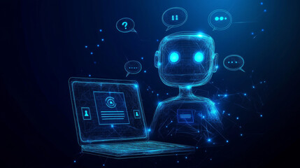 Poster - Abstract logo of a chatbot displayed on a laptop screen, accompanied by speech bubbles, question marks, and quote icons. Represents a digital chatting artificial intelligence concept on a technology.