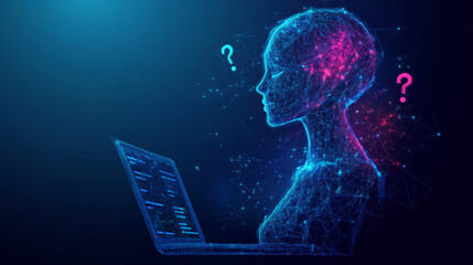 Poster - Abstract logo of a chatbot displayed on a laptop screen, accompanied by speech bubbles, question marks, and quote icons. Represents a digital chatting artificial intelligence concept on a technology.