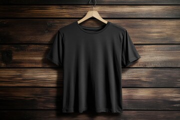 Black shirt clothing hanging for a photoshoot, professional product photography mockup, wooden background, minimalistic setting