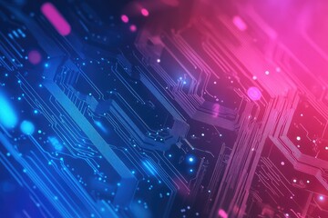Poster - Vibrant abstract digital circuit background with glowing circuits and colorful lights in blue and pink tones.