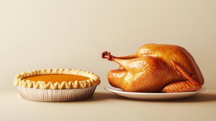 Turkey and Pie A 3D illustration of a roasted turkey and pumpkin pie, with a neutral background for copy space