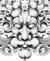 Canvas Print - A detailed monochrome illustration featuring a stylized face surrounded by ornate patterns.