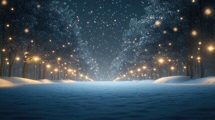 Wall Mural - snow falling at night in a snowy dark forest with lights and stars