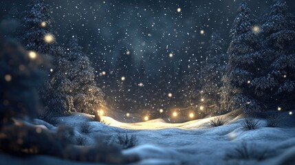 Wall Mural - snow falling at night in a snowy dark forest with lights and stars