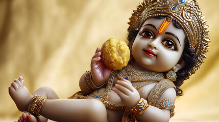 Canvas Print - Vintage golden baby lord krishna also called laddu gopal with sweet laddu in his hand