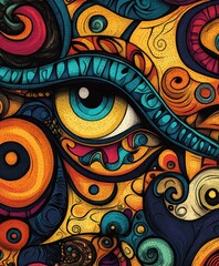 Wall Mural - A vibrant, abstract design featuring an eye surrounded by swirling patterns and colors.