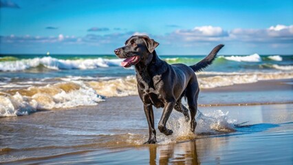 Black dog playing on the beach, dog, black, beach, playing, sand, water, ocean, fun, canine, pet, animal, outdoors, summer