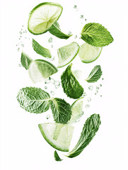 Wall Mural - Fresh Mint and Lime Slices Falling in Water