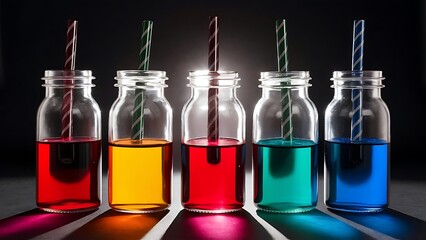 Low angle view of glass bottles with colorful liquid on dark background with back light