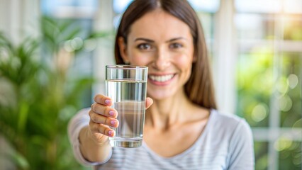 Canvas Print - smiling young lady holding fresh transparent water glass