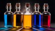 © Kartik - Low angle view of glass bottles with multicolored liquid on dark background with back light
