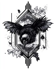 Sticker - A stylized black bird with spread wings surrounded by geometric patterns and floral elements.