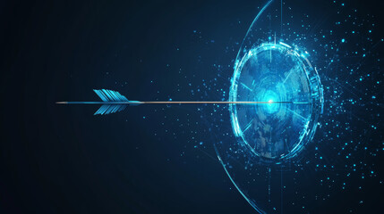 Poster - A digital target with a bow and arrow hitting the bullseye, accompanied by a Japanese candlestick, symbolizing stock market concepts. This low poly wireframe vector illustration features a futuristic 