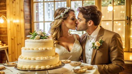 Poster - wedding cake and bride groom in the restaurant