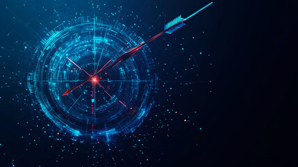 Poster - A digital target with a bow and arrow hitting the bullseye, accompanied by a Japanese candlestick, symbolizing stock market concepts. This low poly wireframe vector illustration features a futuristic 