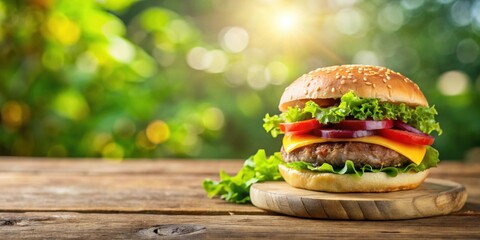 Wall Mural - Delicious burger on wooden table with blurred summer background, burger, delicious, wooden table, front view, blurred background, summer