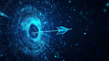 Poster - A digital target with a bow and arrow hitting the bullseye, accompanied by a Japanese candlestick, symbolizing stock market concepts. This low poly wireframe vector illustration features a futuristic 