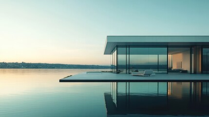 sleek modern glass architecture reflecting on calm water showcasing contemporary design