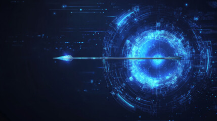 Poster - A digital target with a bow and arrow hitting the bullseye, accompanied by a Japanese candlestick, symbolizing stock market concepts. This low poly wireframe vector illustration features a futuristic 