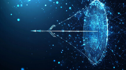 Poster - A digital target with a bow and arrow hitting the bullseye, accompanied by a Japanese candlestick, symbolizing stock market concepts. This low poly wireframe vector illustration features a futuristic 