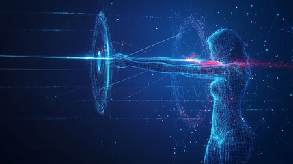 Poster - A digital target with a bow and arrow hitting the bullseye, accompanied by a Japanese candlestick, symbolizing stock market concepts. This low poly wireframe vector illustration features a futuristic 