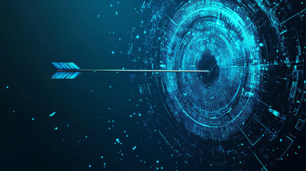 Poster - A digital target with a bow and arrow hitting the bullseye, accompanied by a Japanese candlestick, symbolizing stock market concepts. This low poly wireframe vector illustration features a futuristic 