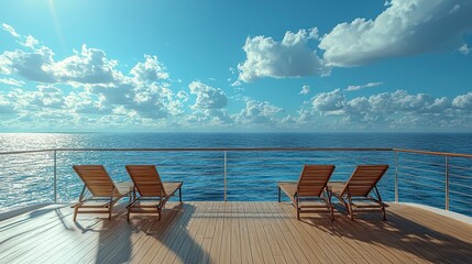 Serene ocean view with two lounge chairs on a wooden deck